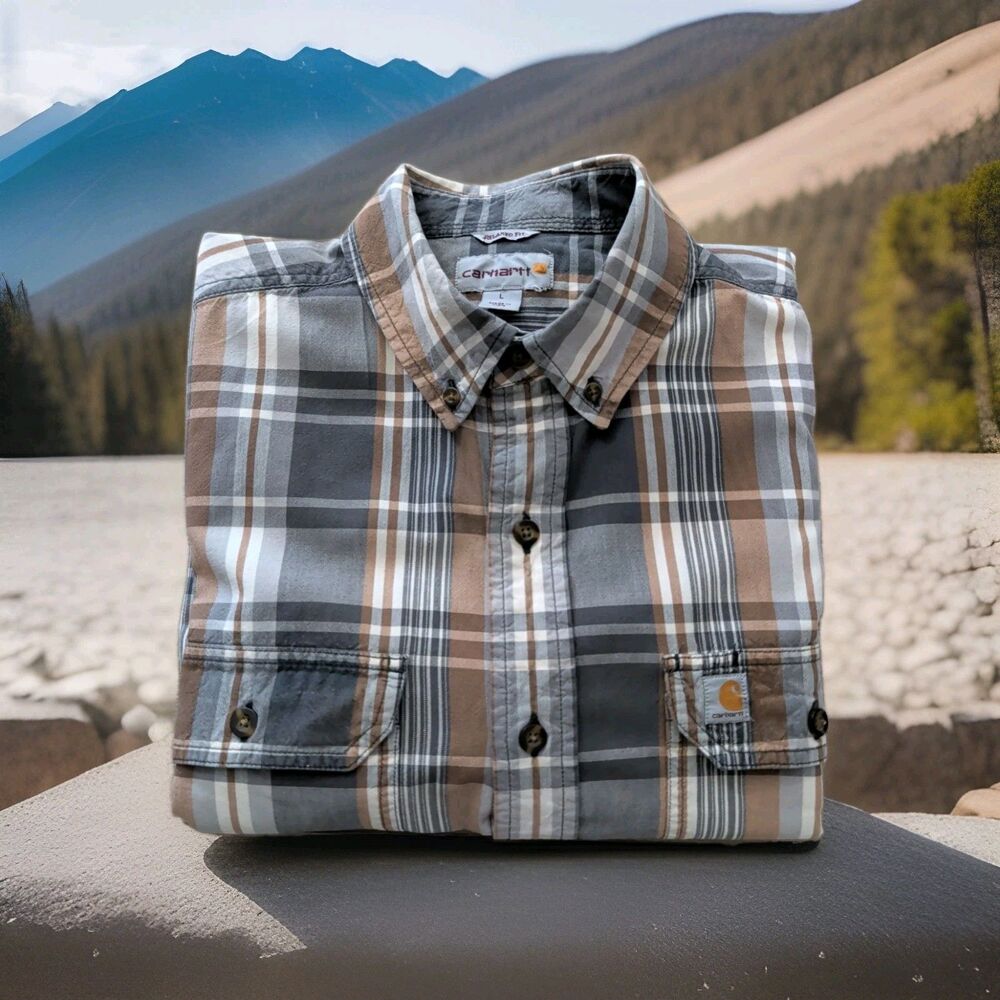 CARHARTT MENS LARGE RELAXED FIT PLAID SHORT SLEEVE SHIRT SUMMER/FALL EUC